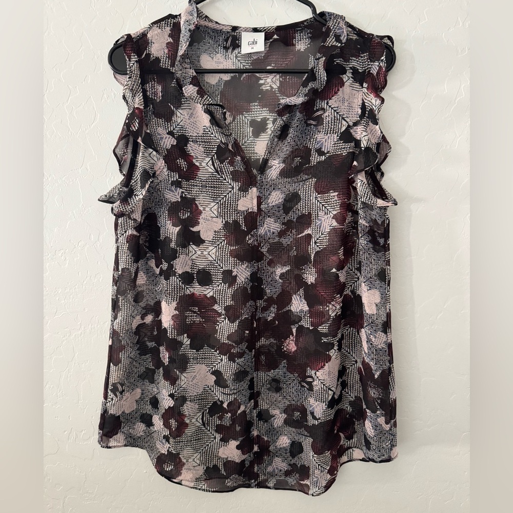 Cabi Sheer Floral Ruffle Sleeve Blouse Medium Black Pink‎ Abstract Print Top